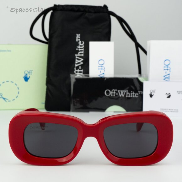 BRAND NEW Off-White CARRARA 507 Red Dark Grey Unisex Rectangular Sunglasses - Picture 3 of 10